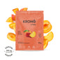 A packet of Krono Nutrition Krono Lytes with peaches around it. The packet indicates the product is organic, vegan, and provides a sodium content of 200 mg per serving.