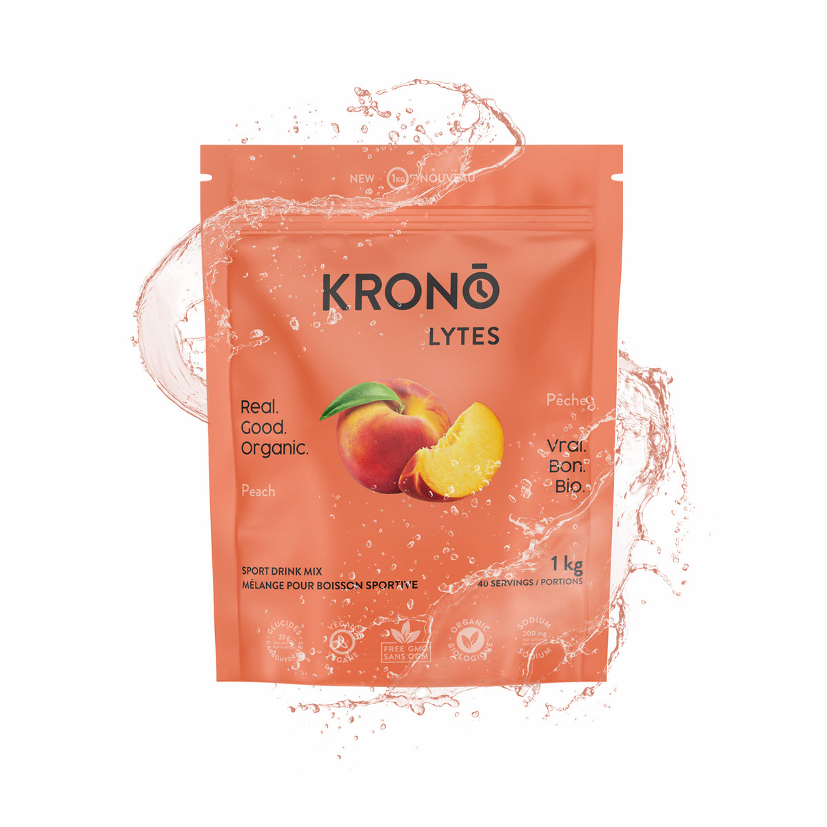 Krono Lytes Peach 1 kg bag with sports drink splashing around package | Fuel Kit