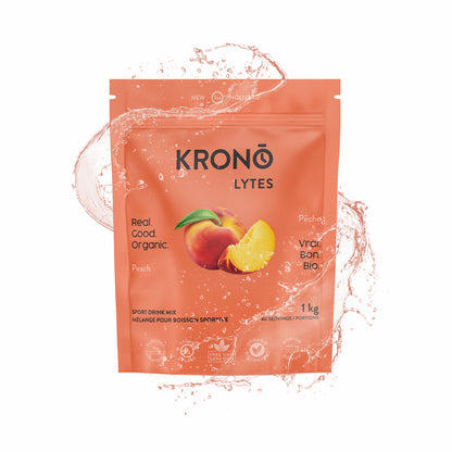 Krono Lytes Peach 1 kg bag with sports drink splashing around package | Fuel Kit