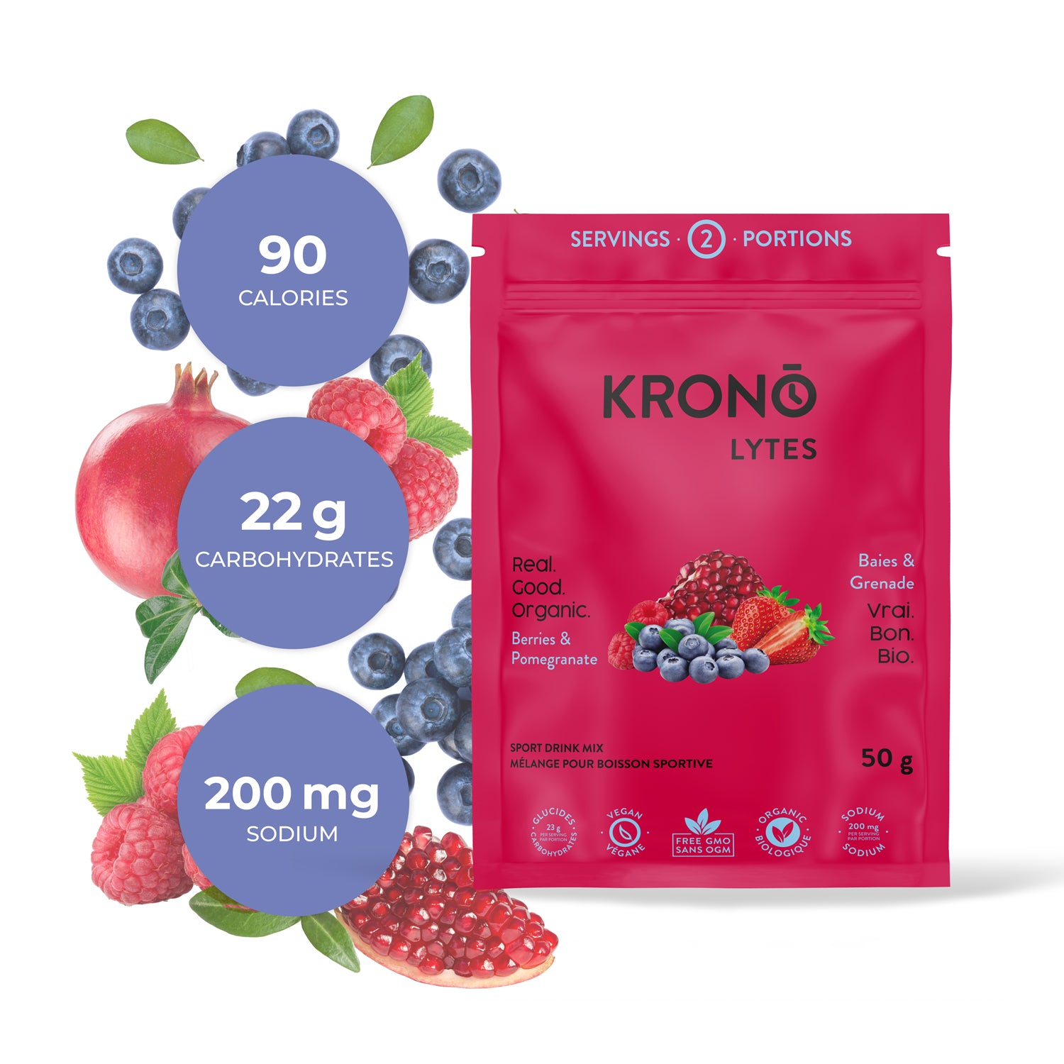 A packet of Krono Nutrition Krono Lytes with various fruits around it, including a pomegranate, blueberries, raspberries, and an apple. The packet indicates the product is organic, vegan, and provides a sodium content of 200 mg per serving and other nutrition facts.