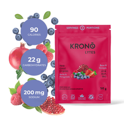 A packet of Krono Nutrition Krono Lytes with various fruits around it, including a pomegranate, blueberries, raspberries, and an apple. The packet indicates the product is organic, vegan, and provides a sodium content of 200 mg per serving and other nutrition facts.