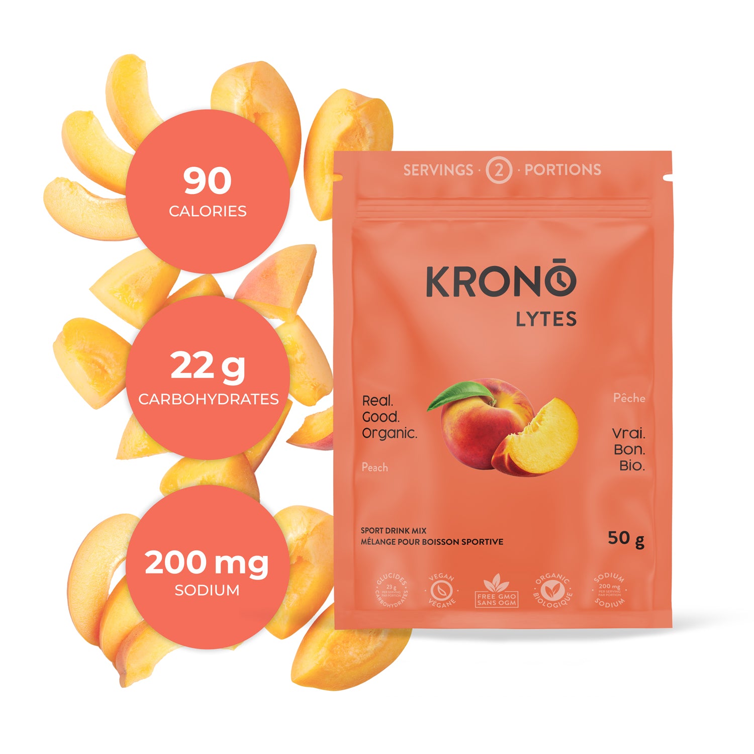 A packet of Krono Nutrition Krono Lytes with peaches around it. The packet indicates the product is organic, vegan, and provides a sodium content of 200 mg per serving and that it contains 22 g of carbs and 90 calories