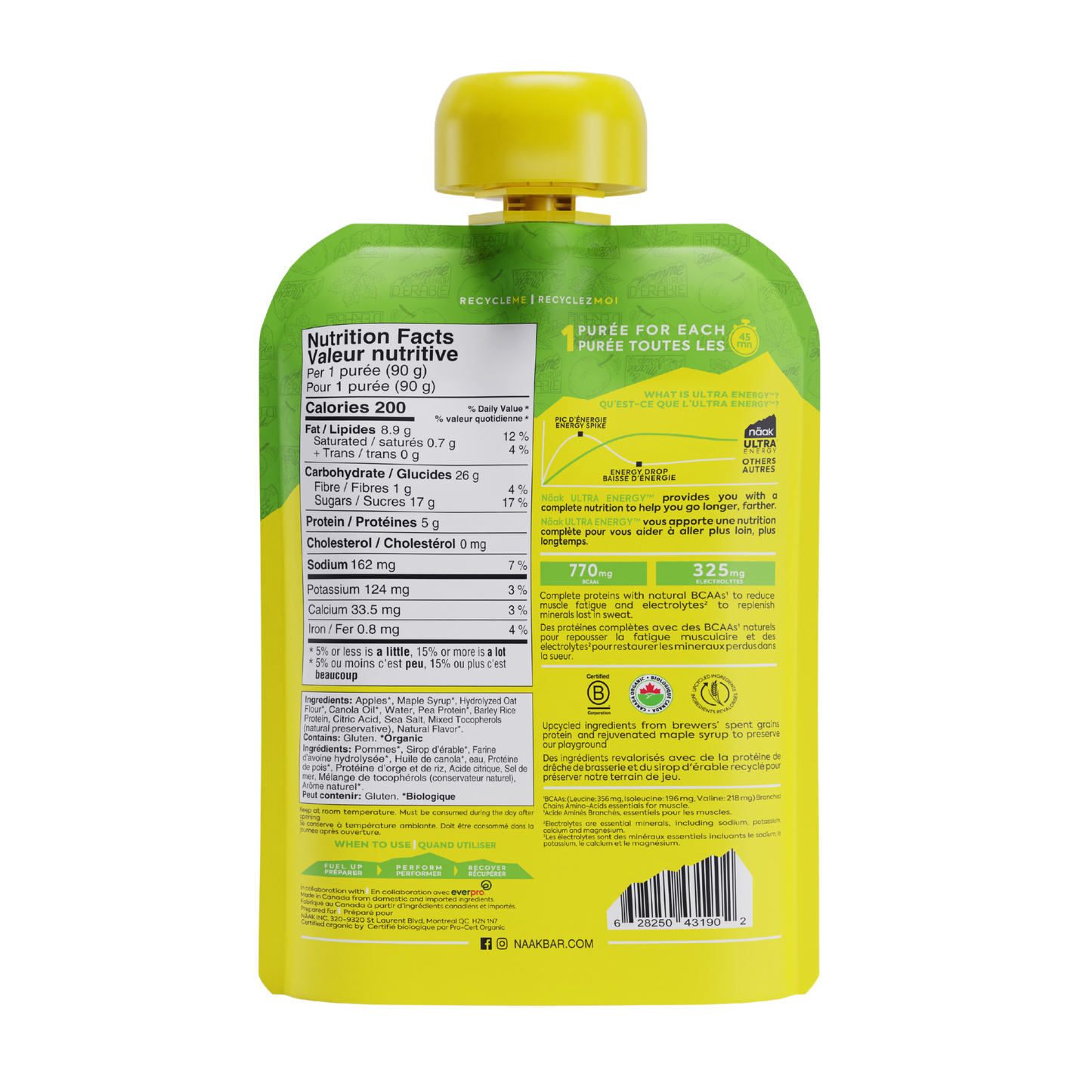 Back of Näak Ultra Energy Pureé packaging available at Fuel Kit