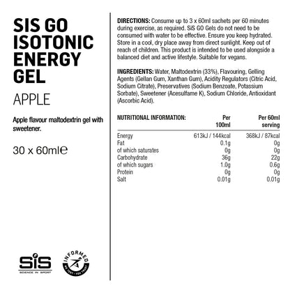 Label of SIS GO Isotonic Energy Gel for apple flavor with nutritional information and directions.