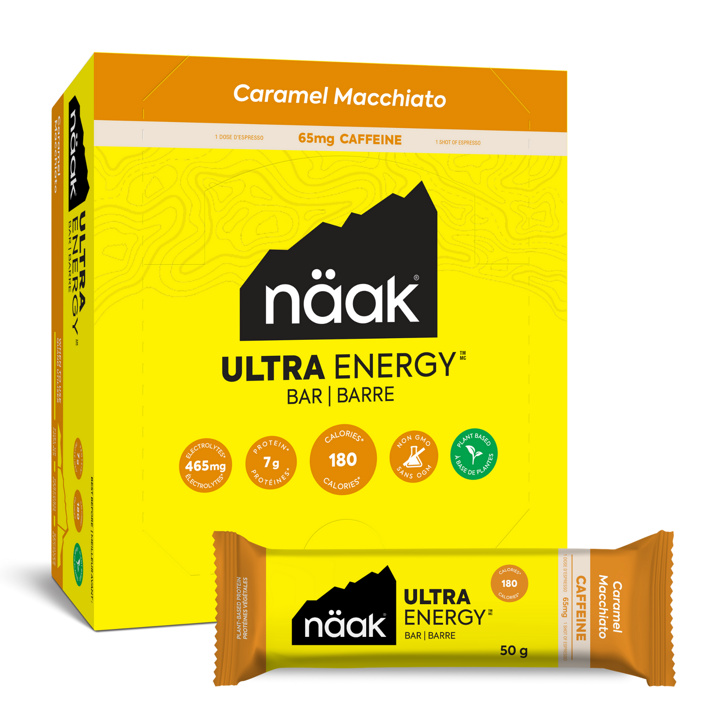 Box of Näak Ultra Energy Bar with Caramel Macchiato flavor on a white background