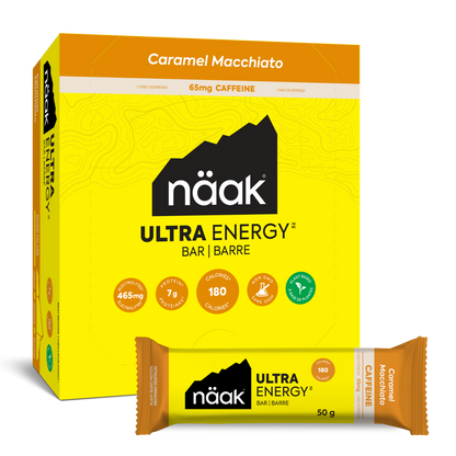 Box of Näak Ultra Energy Bar with Caramel Macchiato flavor on a white background