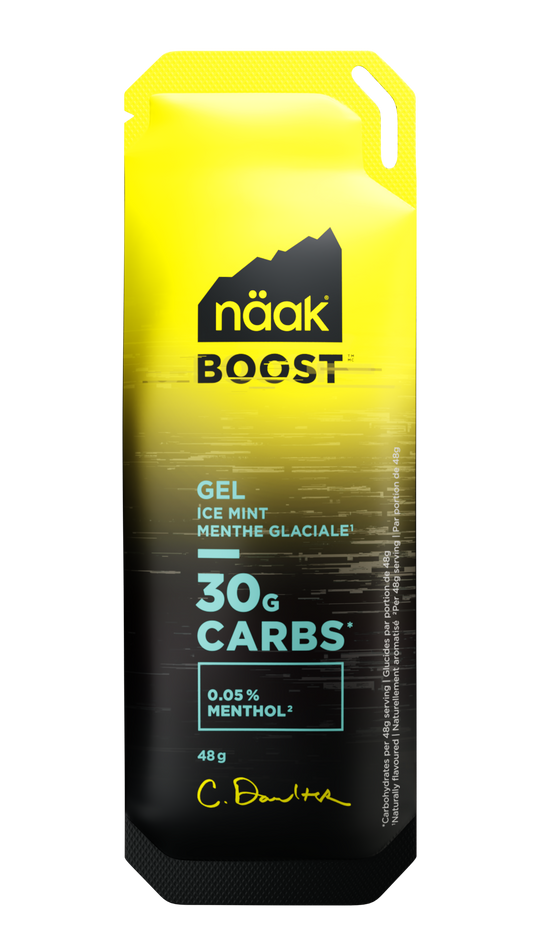 Yellow and black packaging of Näak Boost  Ice Mint gel available at Fuel Kit