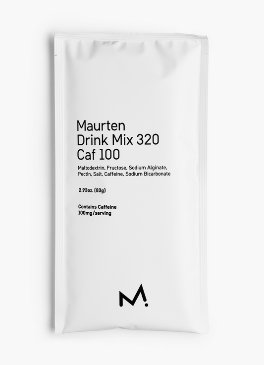 A single packet of Maurten Fuel Drink Mix 320 CAF with 100 mg Caffeine, displaying the product name and nutritional information.