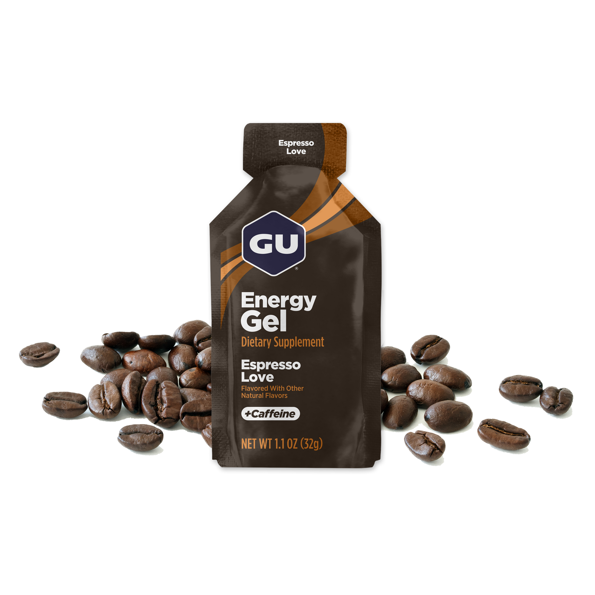 A packet of GU Energy Gel with the flavour Espresso Love  highlighted, containing 40 mg Caffeine, with images of coffee beans in the background.