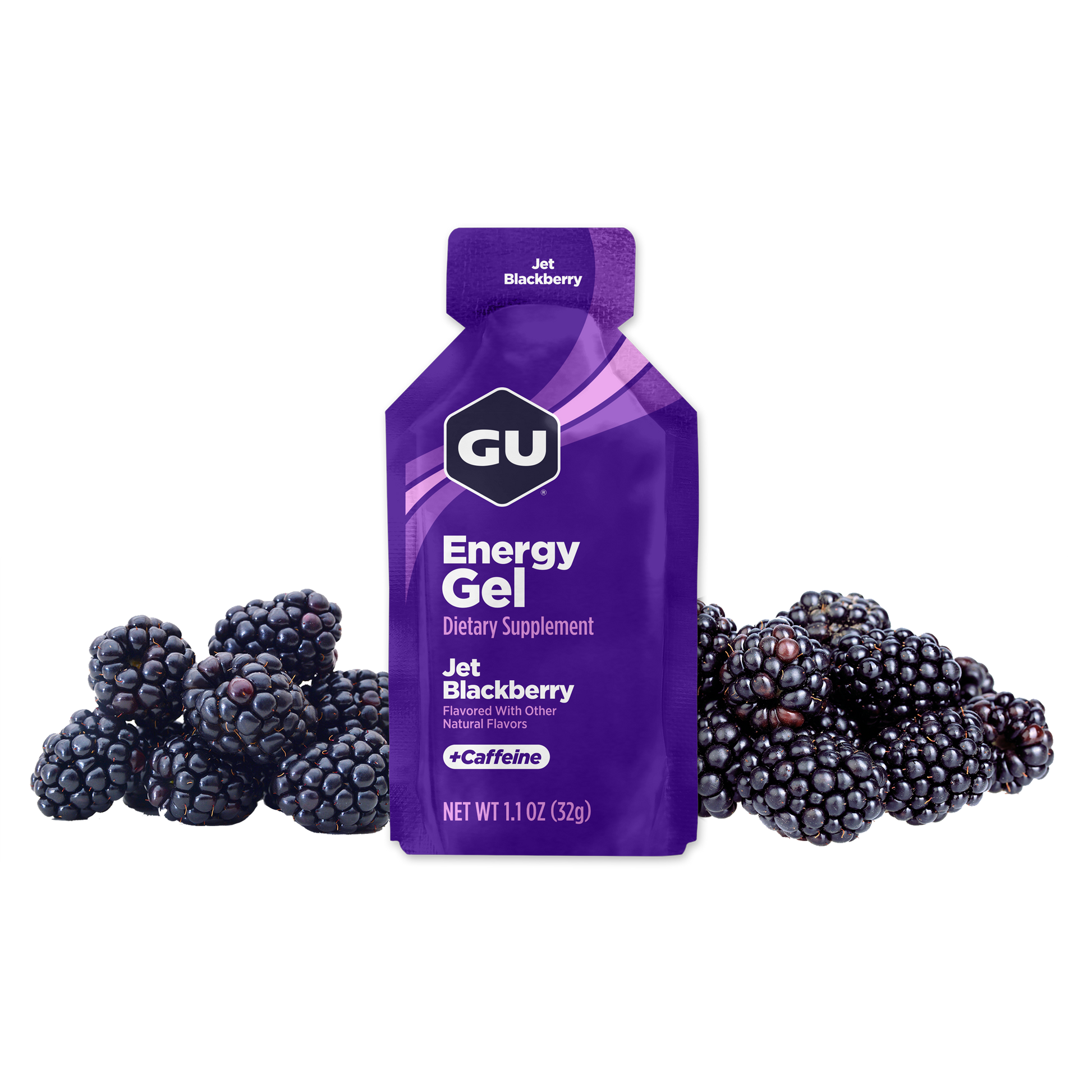 A packet of GU Energy Gel with the flavor Jet Blackberry highlighted, containing 40 mg Caffeine, with images of blackberries in the background.
