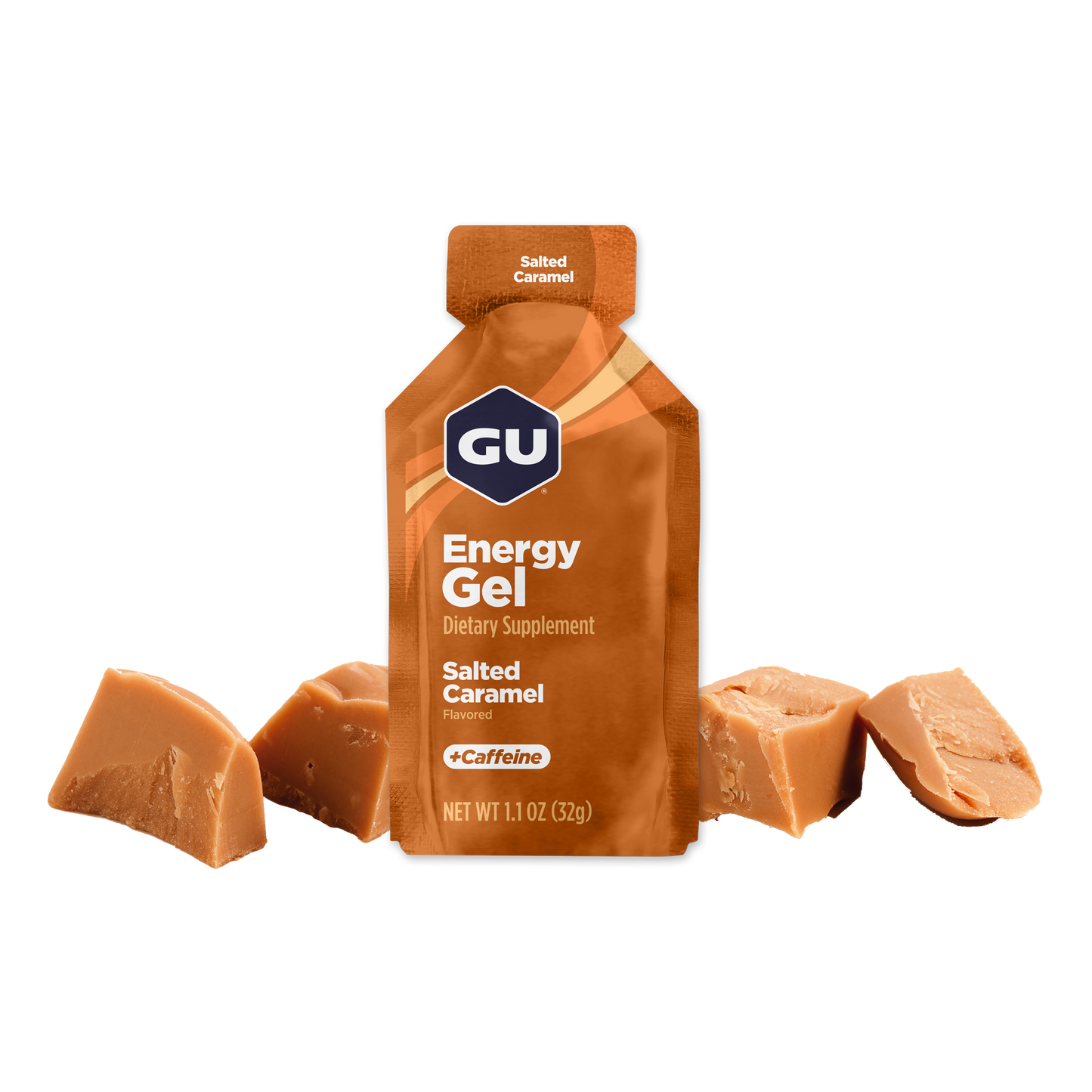 A packet of GU Energy Gel in Salted Caramel flavor, with visible pieces of caramel beside it.