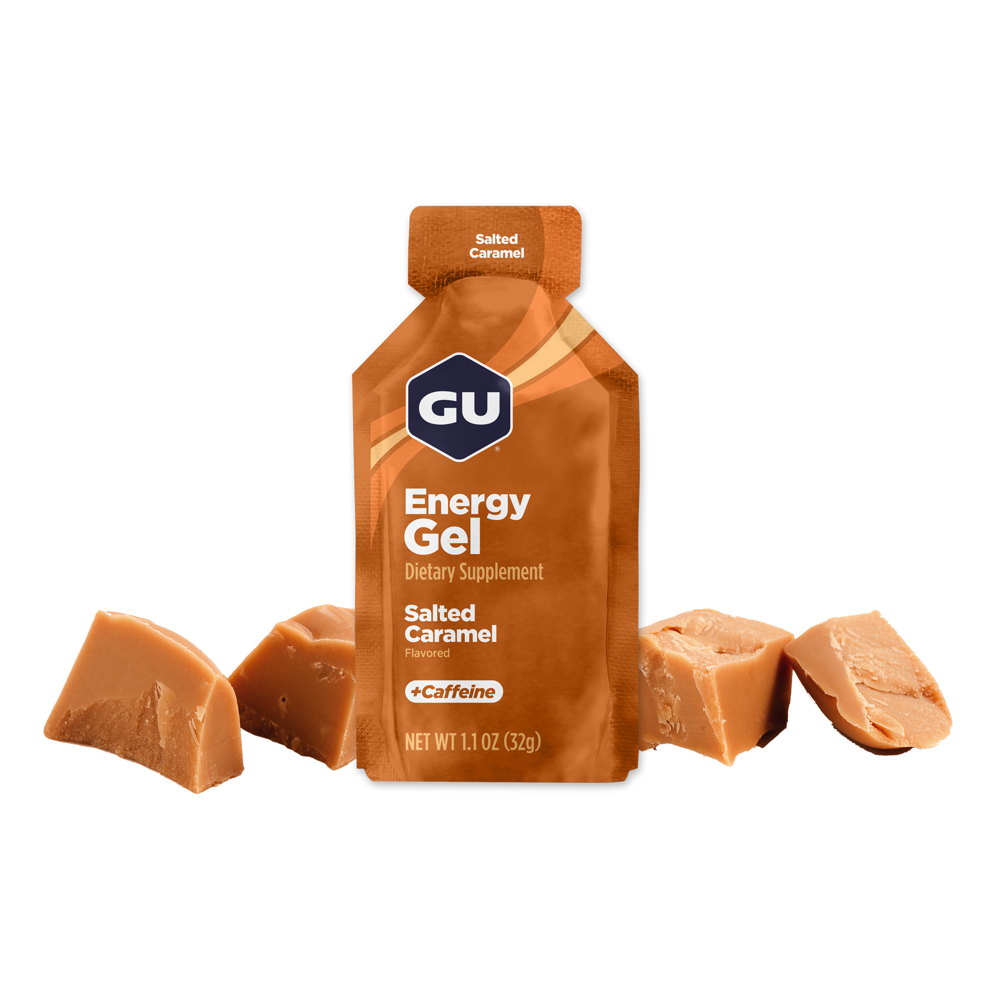 A packet of GU Energy Gel in Salted Caramel flavor, with visible pieces of caramel beside it.