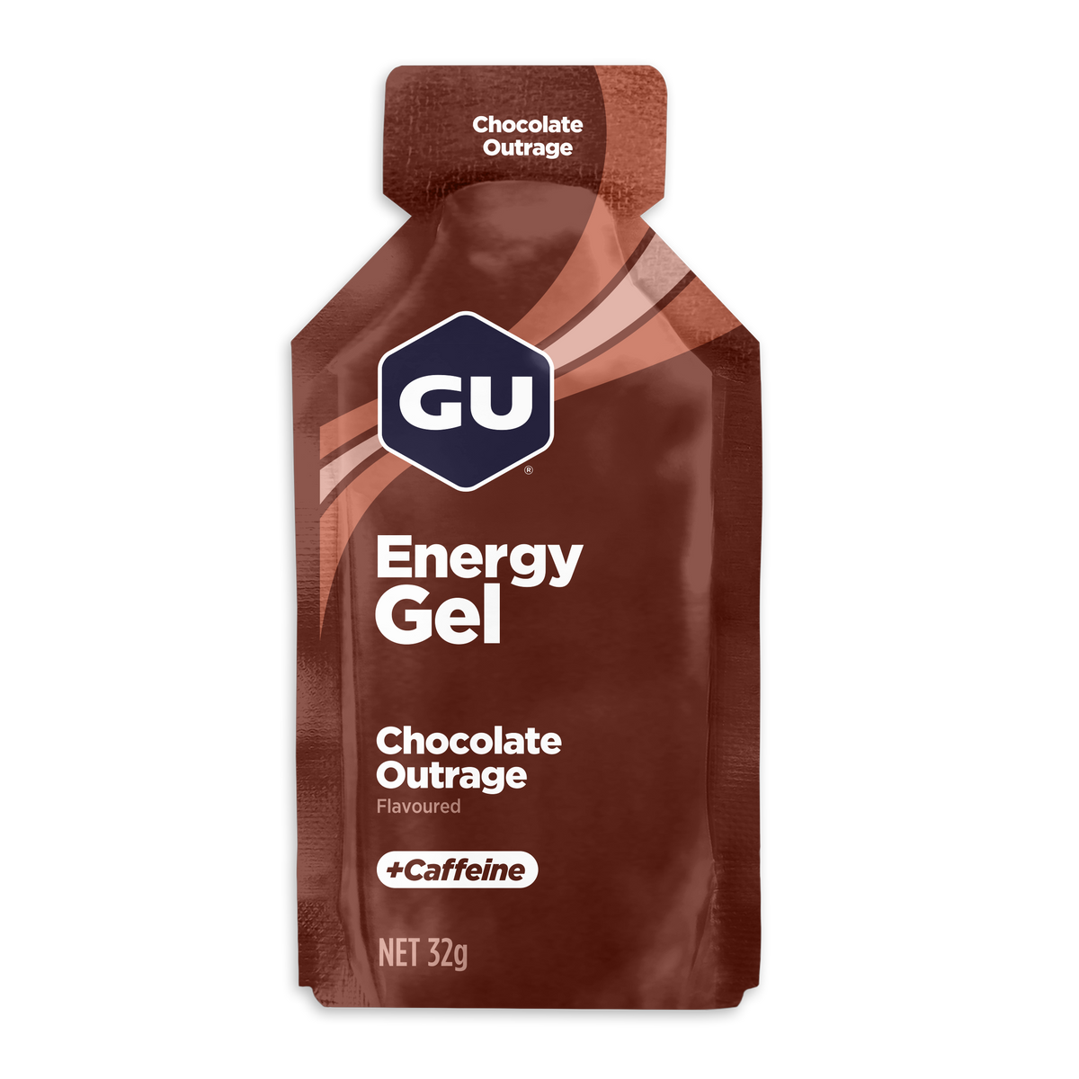 A single GU Energy Gel packet in Chocolate Outrage flavor, available at Fuel Kit