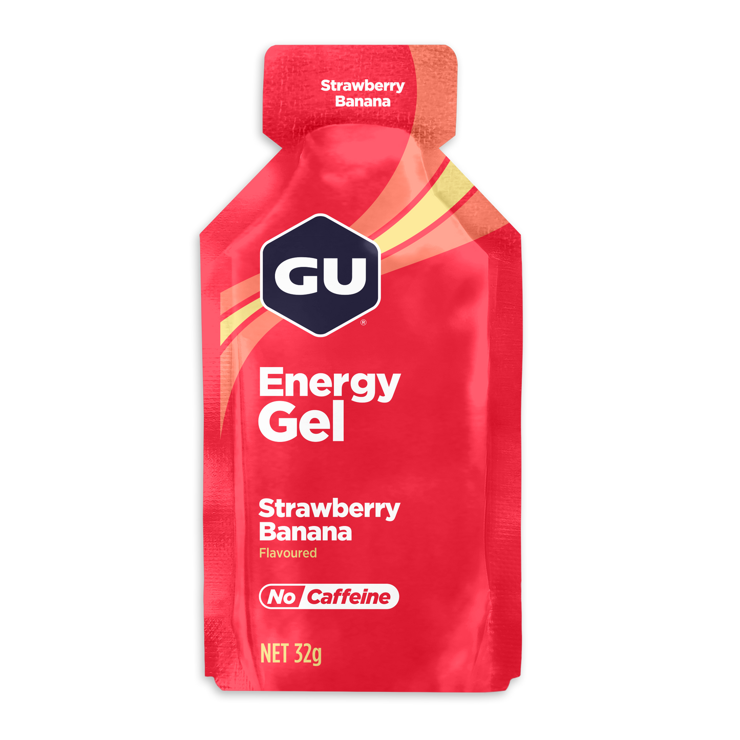 A 32g pouch of GU Energy Gel in Strawberry Banana flavor, available at Fuel Kit.
