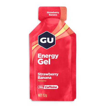 A 32g pouch of GU Energy Gel in Strawberry Banana flavor, available at Fuel Kit.