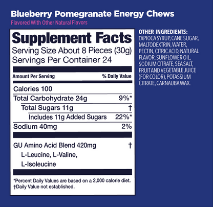 Supplement facts label for Blueberry Pomegranate Energy Chews on a blue background