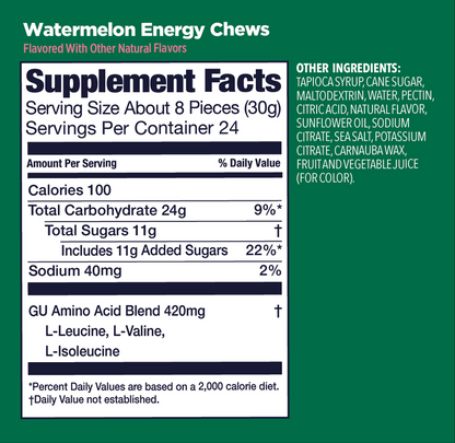 Supplement facts label for Watermelon Energy Chews on a green background