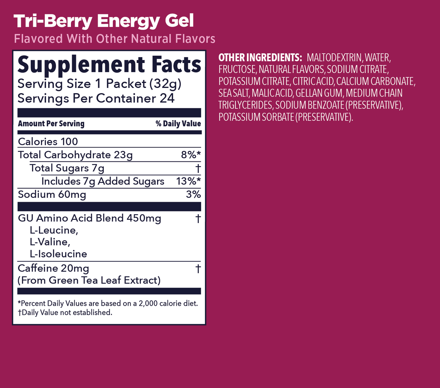 Supplement facts label for Tri-Berry Energy Gel on a pink background