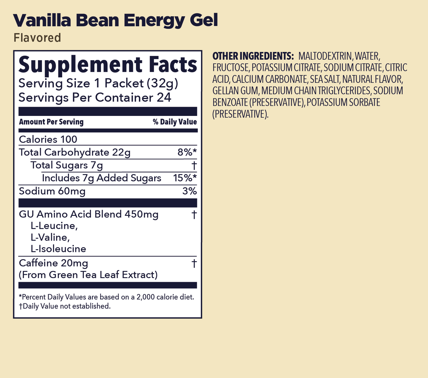 Vanilla Bean Energy Gel supplement facts label on a beige background