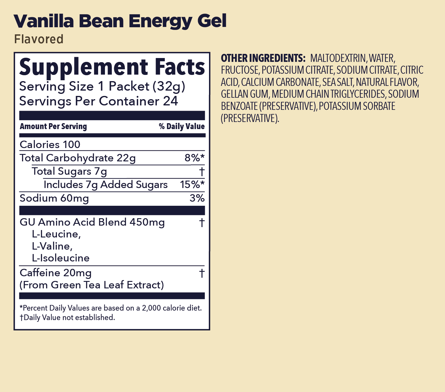 Vanilla Bean Energy Gel supplement facts label on a beige background