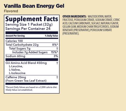 Vanilla Bean Energy Gel supplement facts label on a beige background