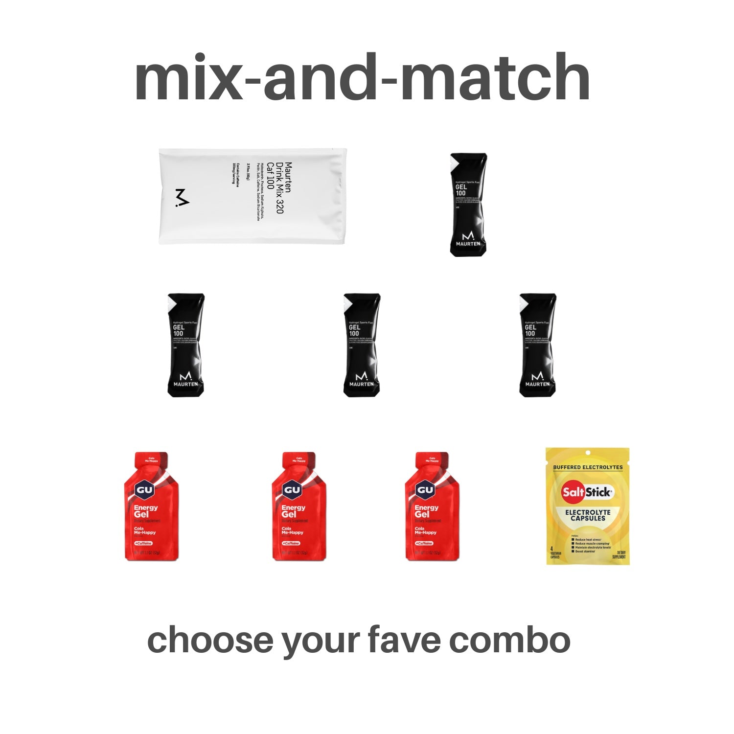 Collection of various food and drink packages with text 'mix-and-match' and 'choose your fave combo' on a white background.