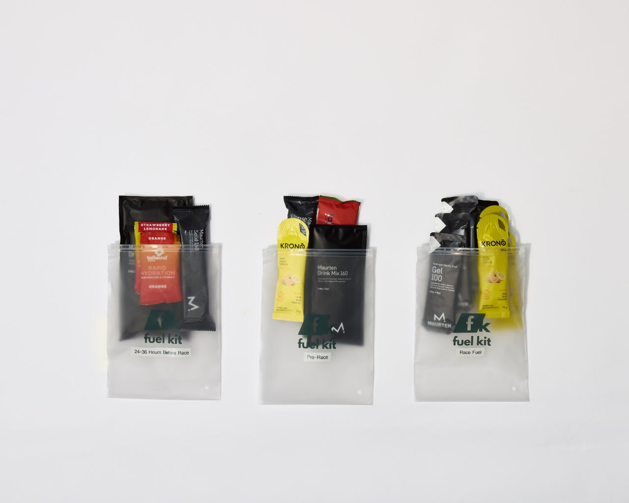 Three fuel kit packages on a white background