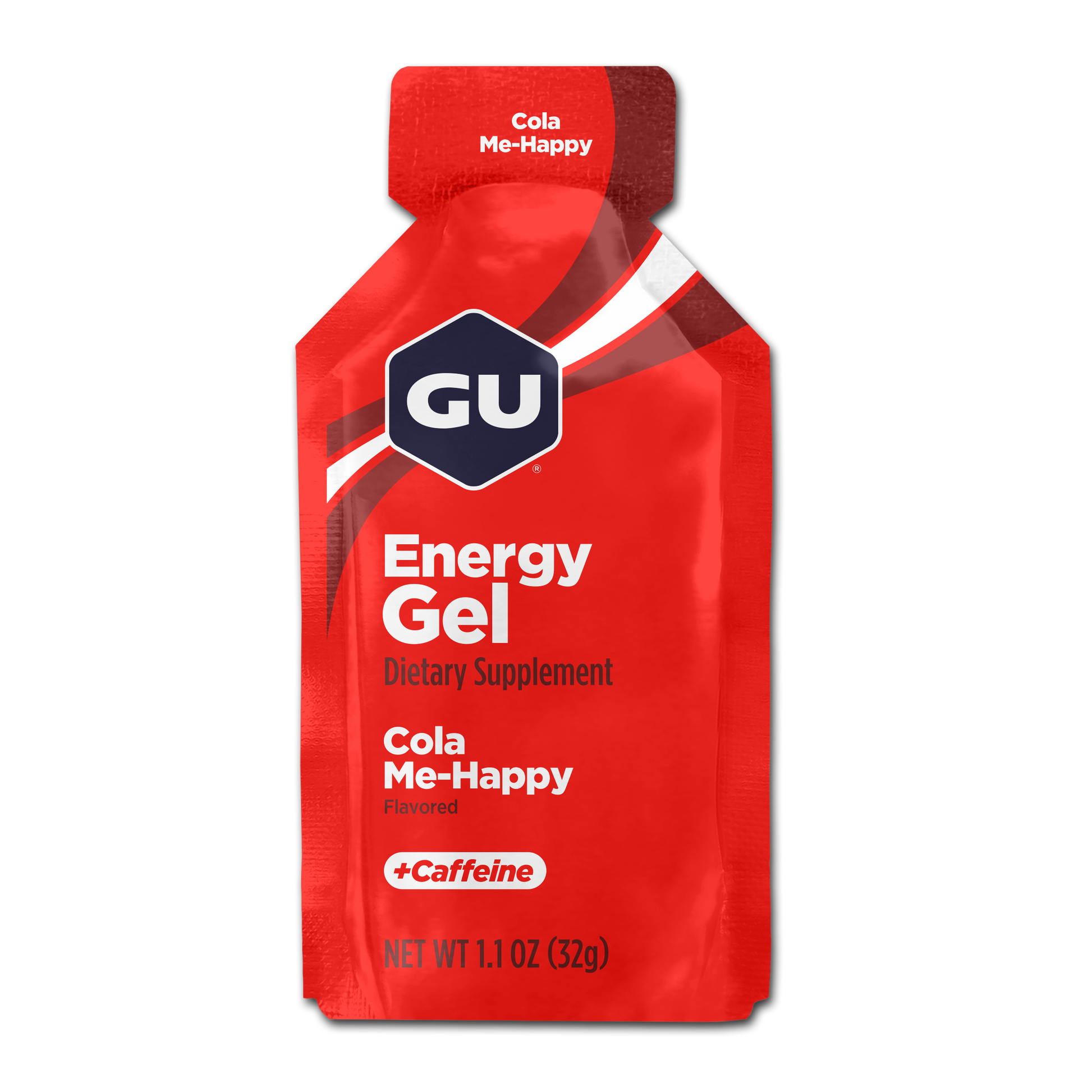 Gu Cola Me-Happy energy gel packet on a white background
