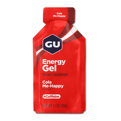 Gu Cola Me-Happy energy gel packet on a white background