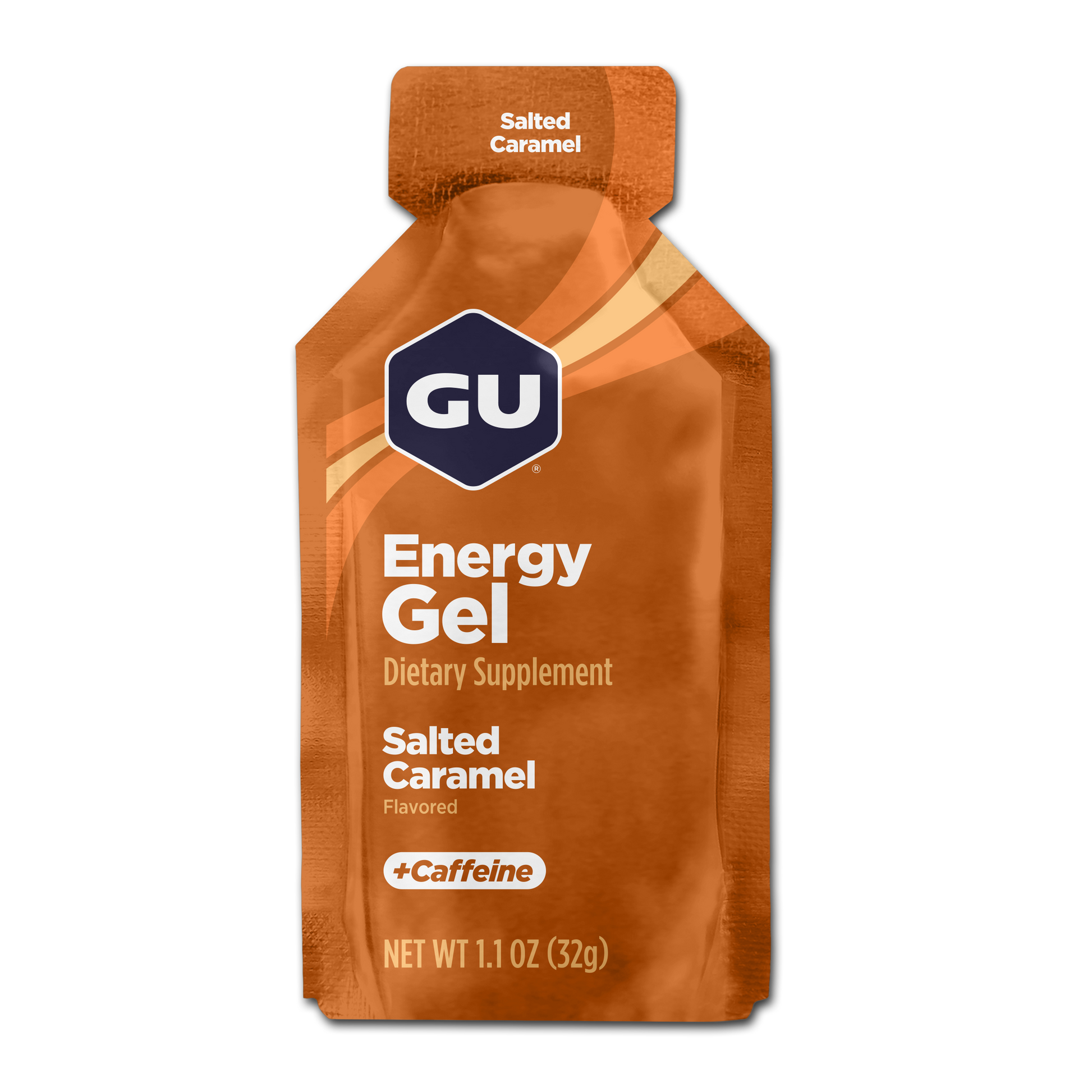 A packet of GU Energy Gel with Salted Caramel flavor and 20 mg caffeine content.