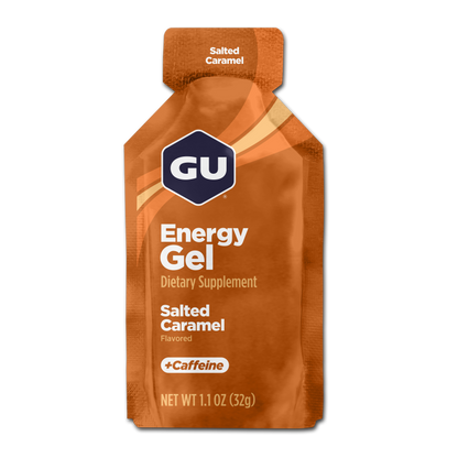 A packet of GU Energy Gel with Salted Caramel flavor and 20 mg caffeine content.