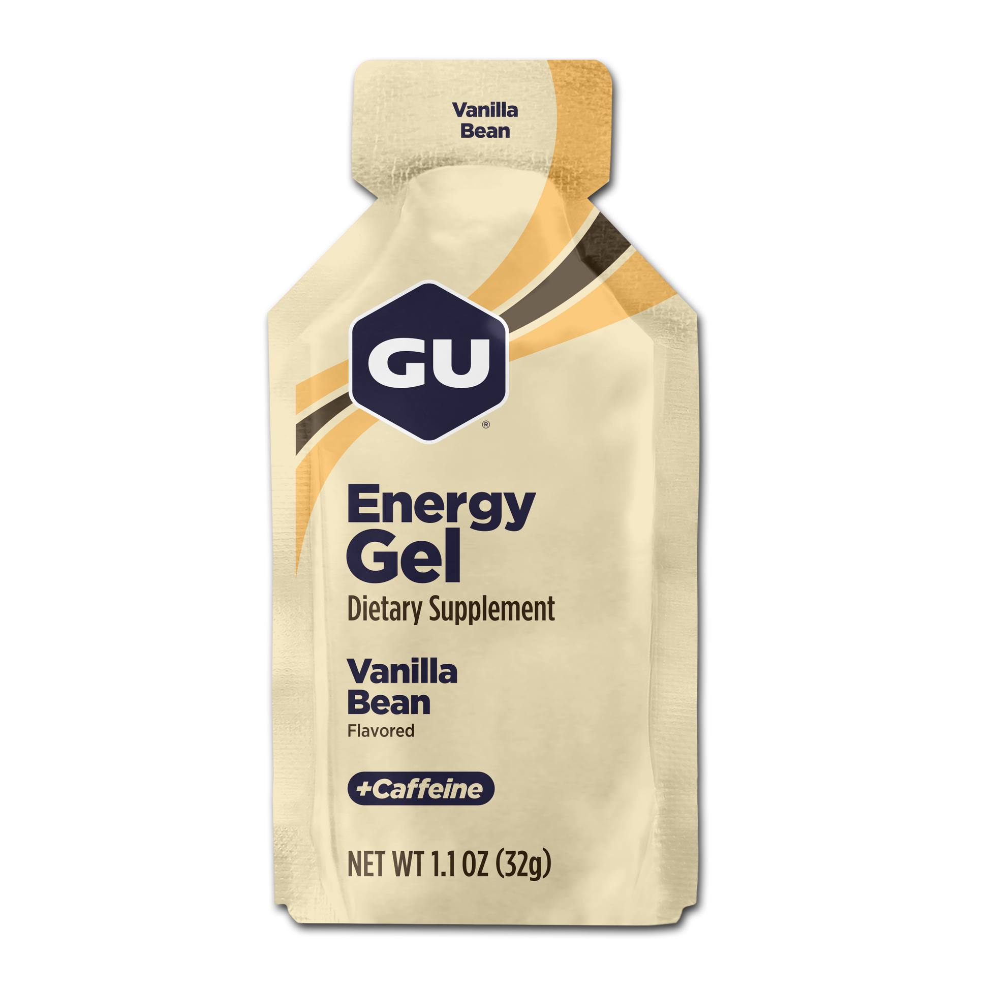 GU Energy Gel package with vanilla bean flavor on a white background