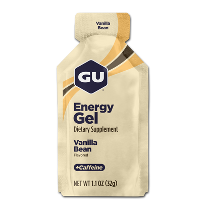 GU Energy Gel package with vanilla bean flavor on a white background