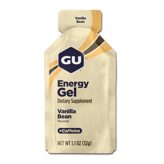 GU Energy Gel package with vanilla bean flavor on a white background