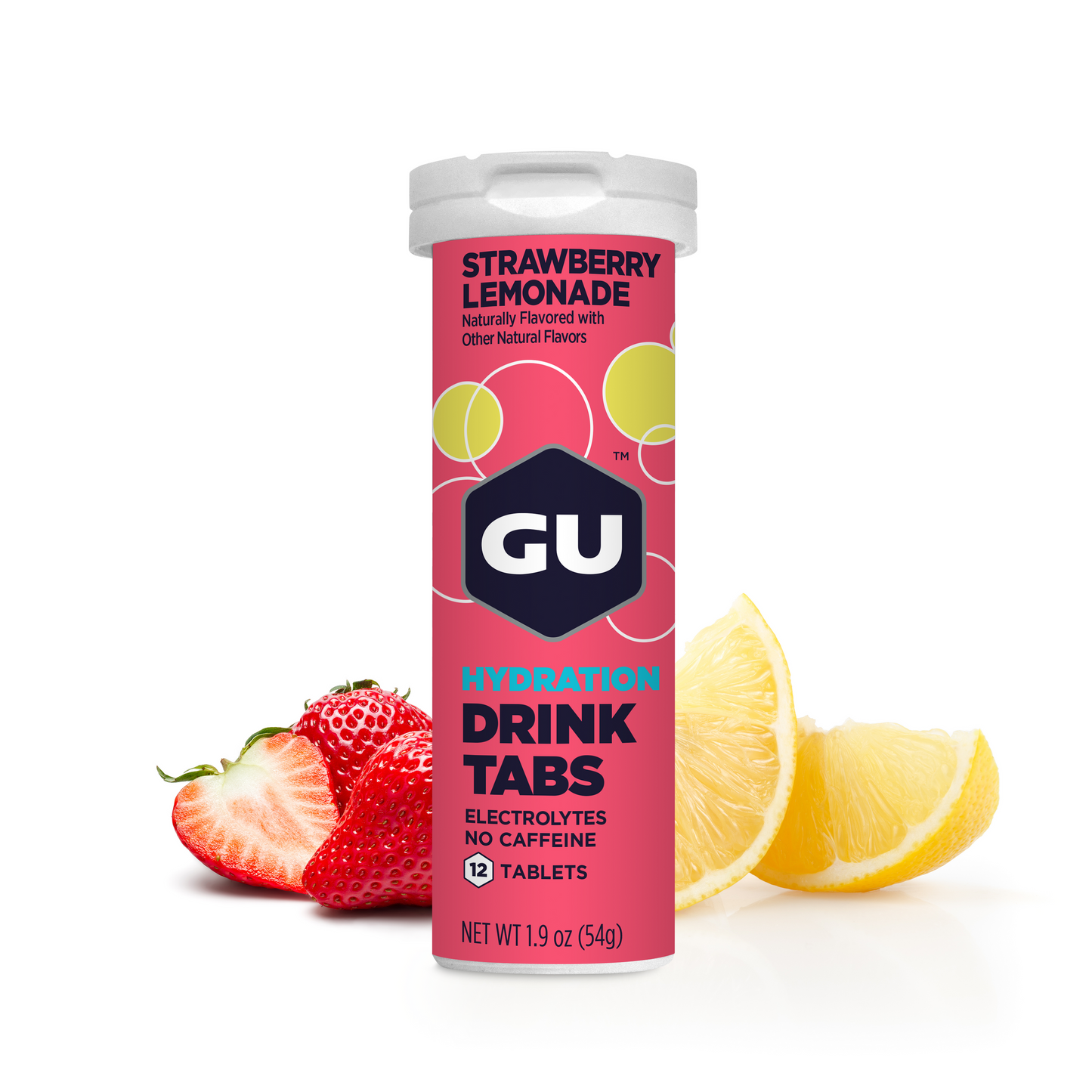 A tube of GU Hydration Drink Tabs with lemon and strawberries depicted around it, indicating the flavor of the product.