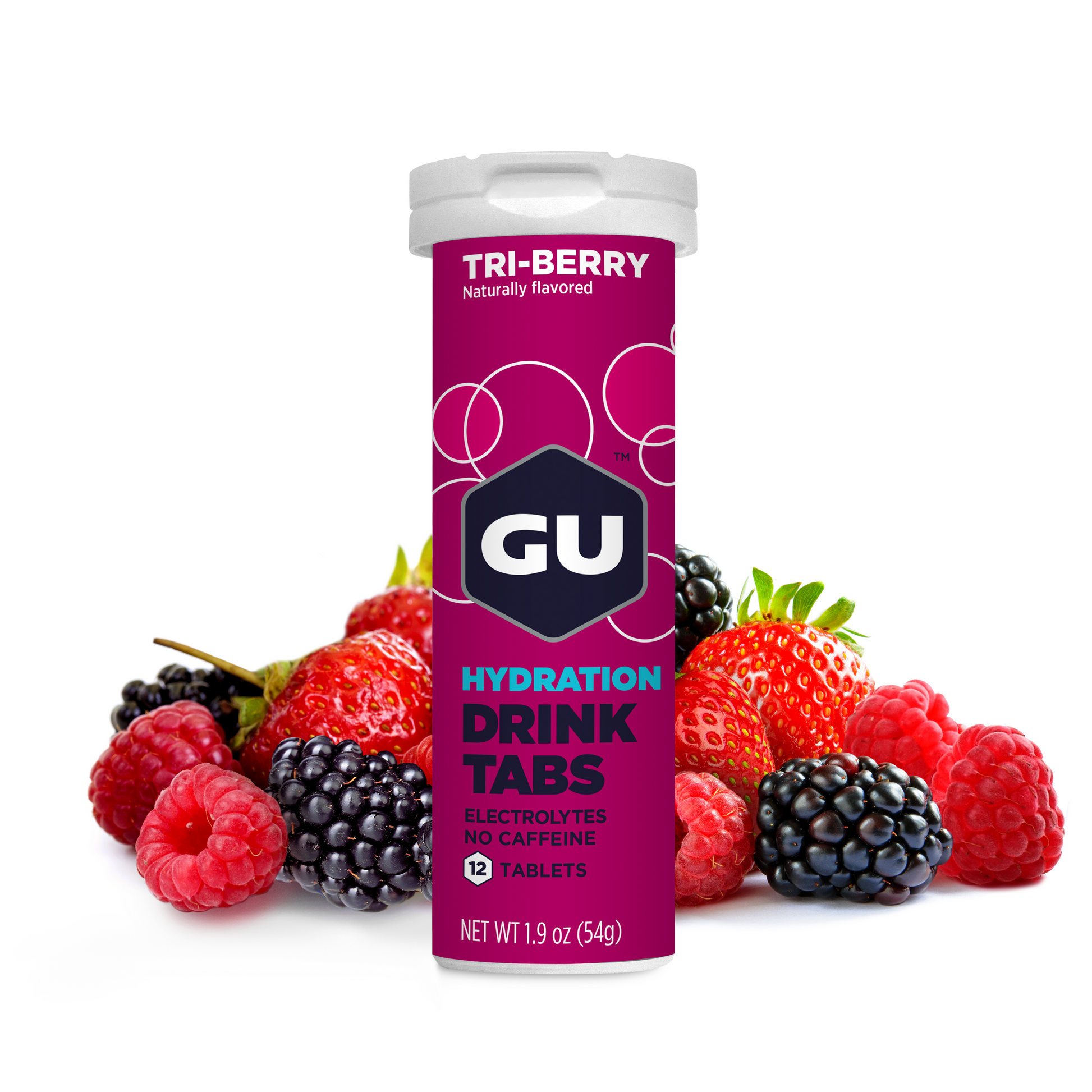 A tube of GU Hydration Drink Tabs with mixed berries depicted around it, indicating the flavor of the product.