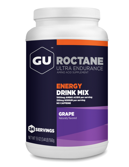 A canister of GU Roctane Energy Drink Mix in Grape flavor, with 24 servings.