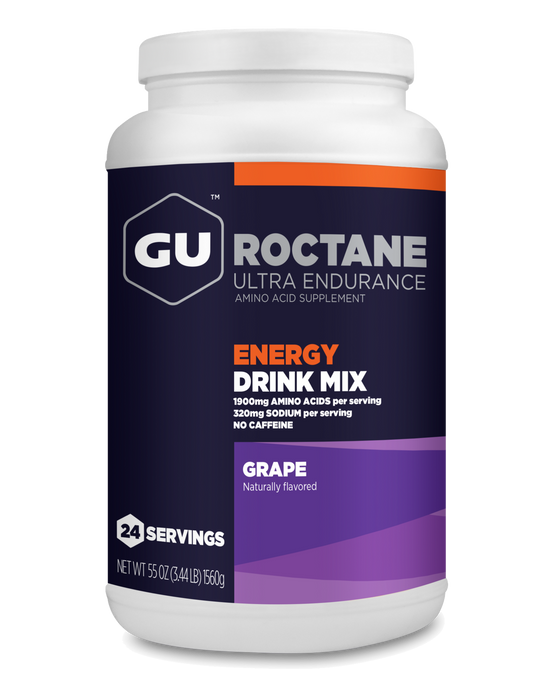 A canister of GU Roctane Energy Drink Mix in Grape flavor, with 24 servings.