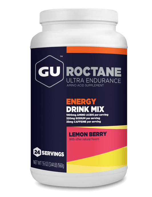 A canister of GU Roctane Energy Drink Mix in Lemon Berry flavor with 24 servings.