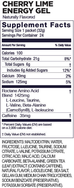 Nutrition Label for GU Roctane Energy Gel with Cherry Lime flavor.