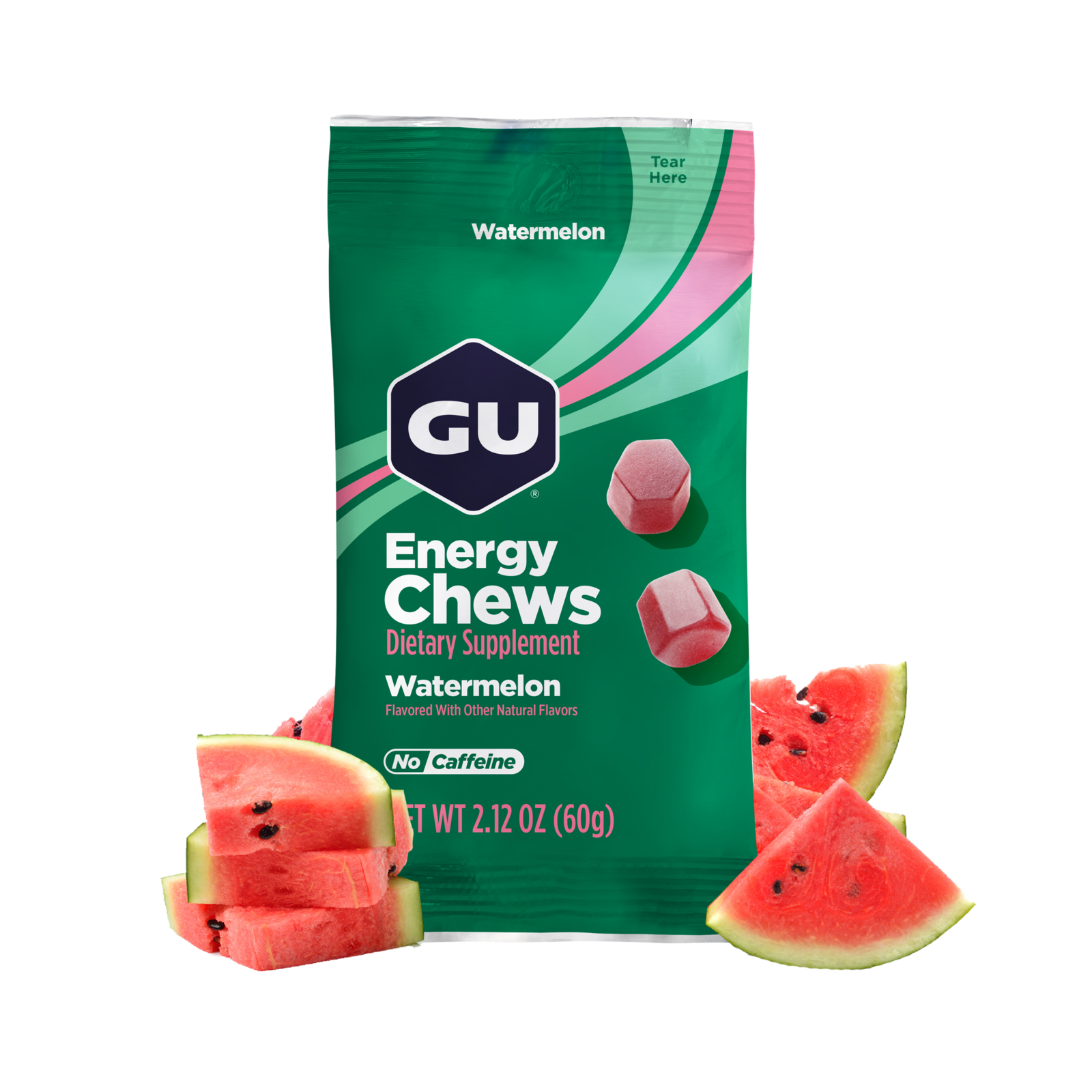GU Energy Chews packaging with watermelon slices on a white background