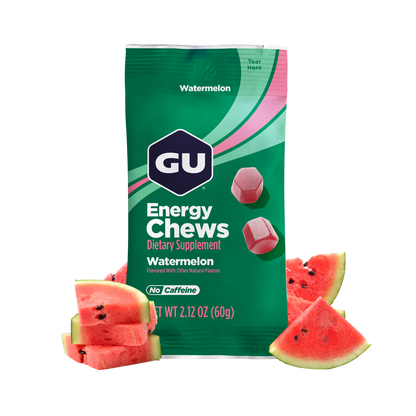GU Energy Chews packaging with watermelon slices on a white background