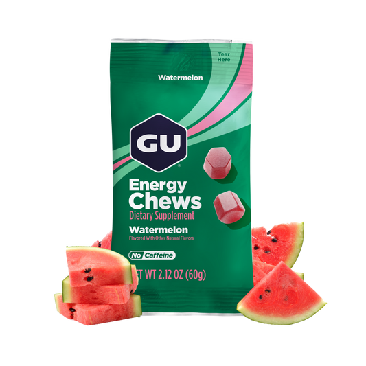 GU Energy Chews packaging with watermelon slices on a white background