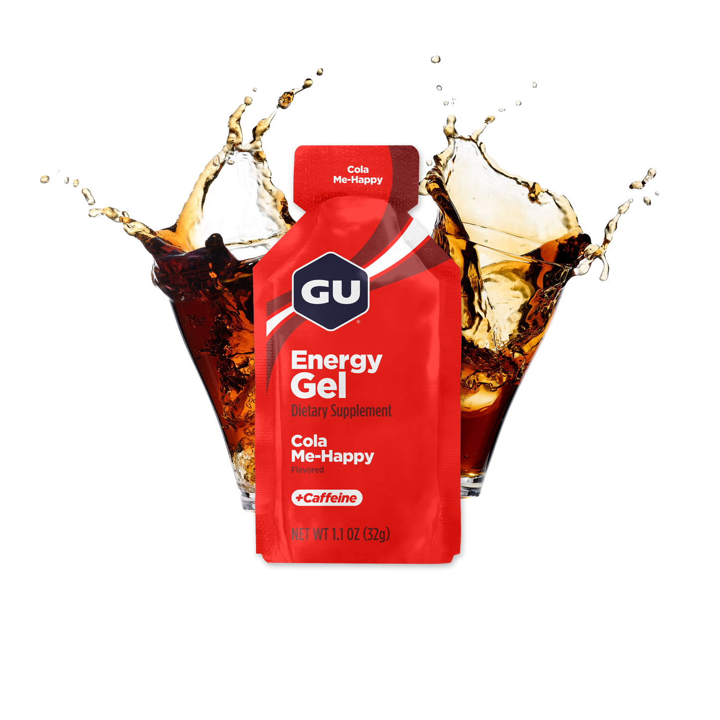 A packet of GU Energy Gel with the flavour Cola Me-Happy highlighted, containing 40 mg Caffeine, with images of cola in the background.