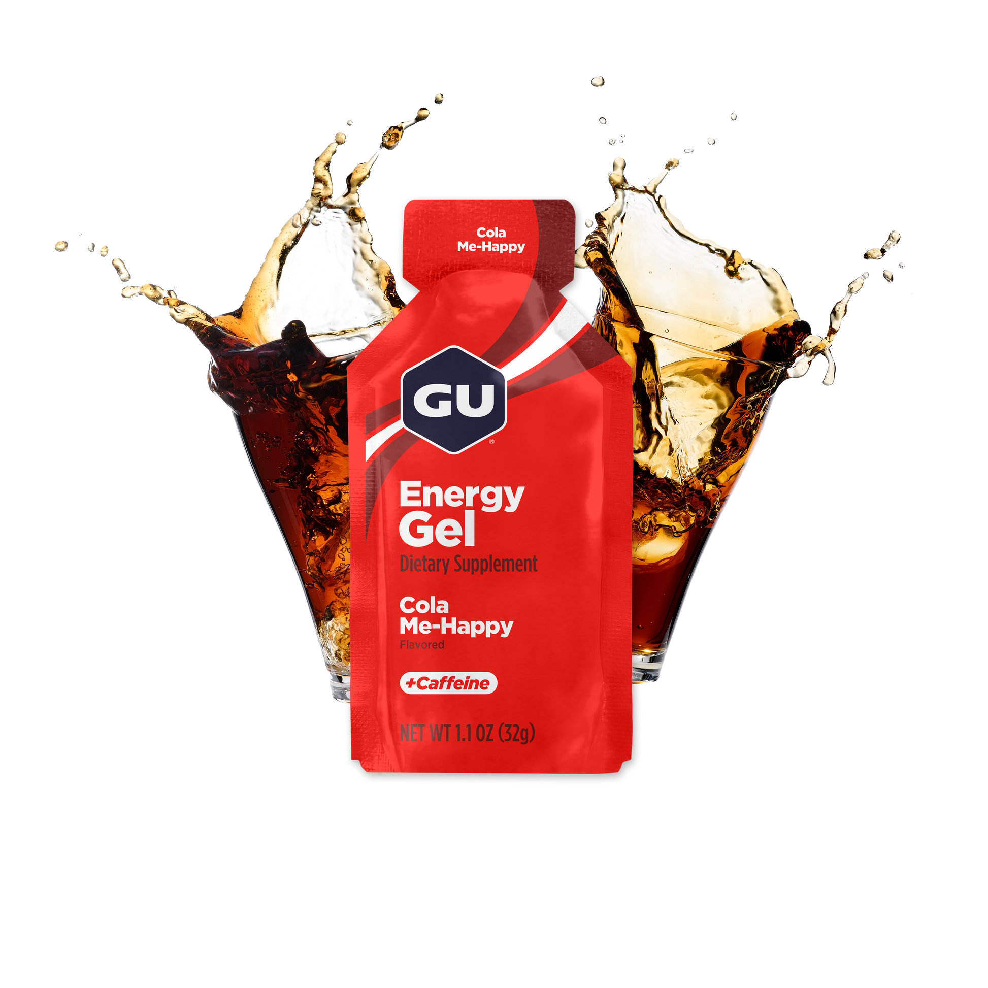 A packet of GU Energy Gel with the flavour Cola Me-Happy highlighted, containing 40 mg Caffeine, with images of cola in the background.