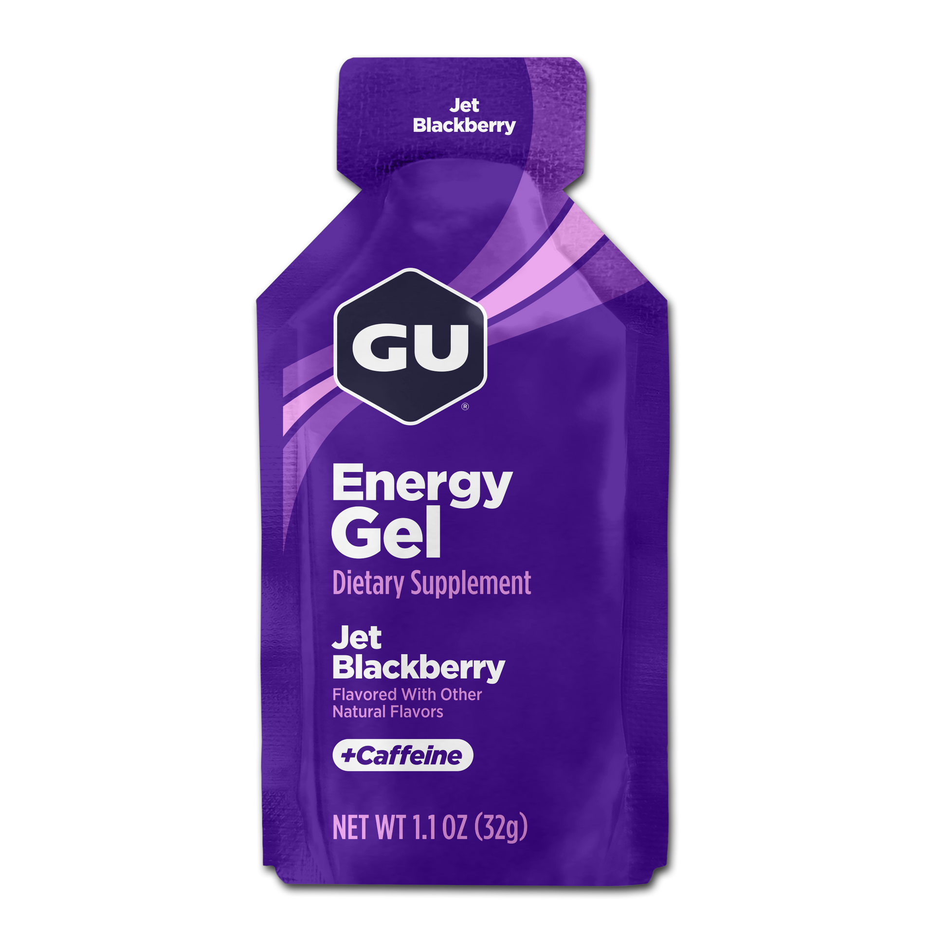 A packet of GU Energy Gel with the flavor Jet Blackberry highlighted, with a white background.