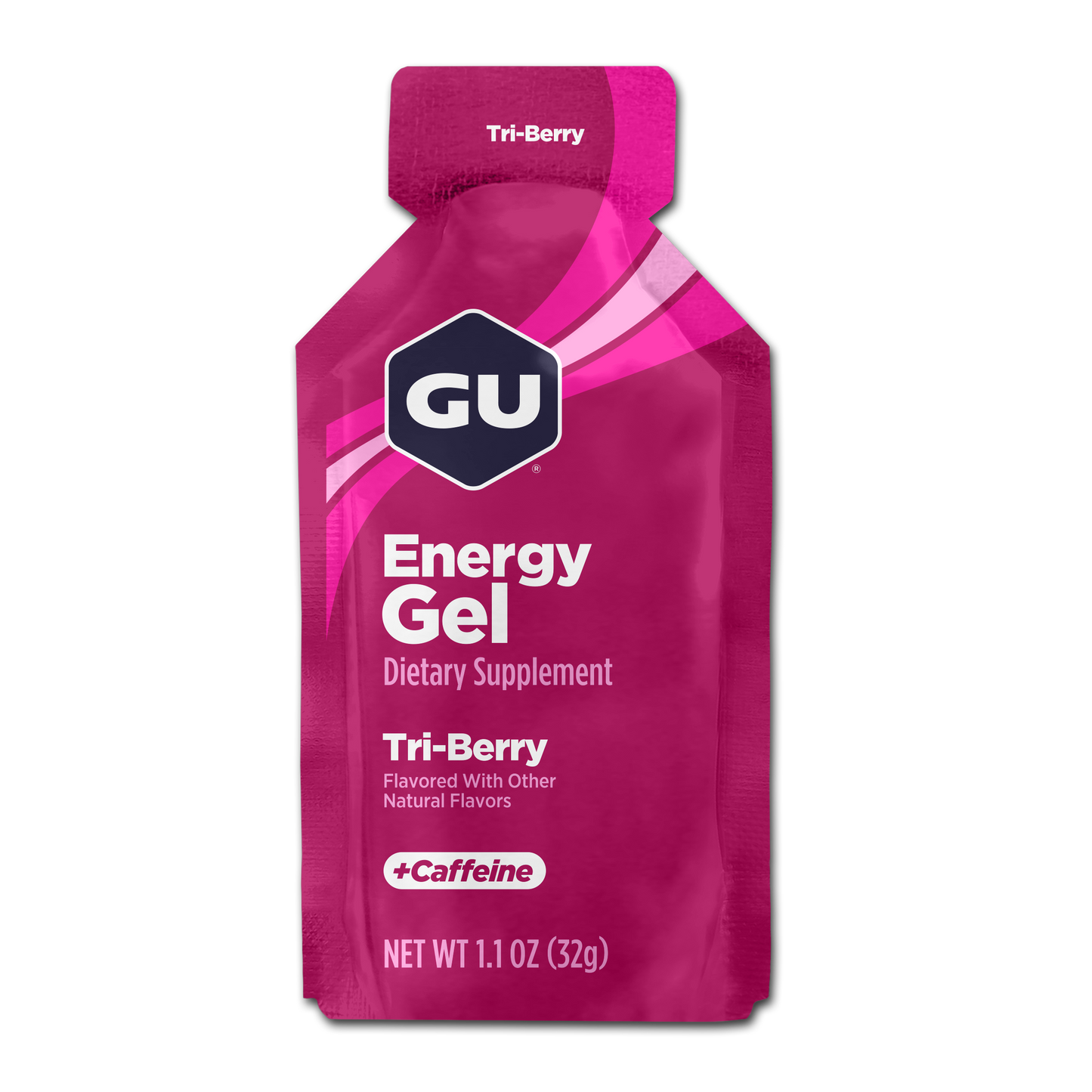 Pink energy gel packet with GU logo on a white background