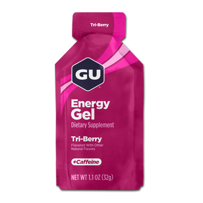 Pink energy gel packet with GU logo on a white background