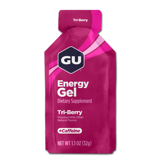 Pink energy gel packet with GU logo on a white background