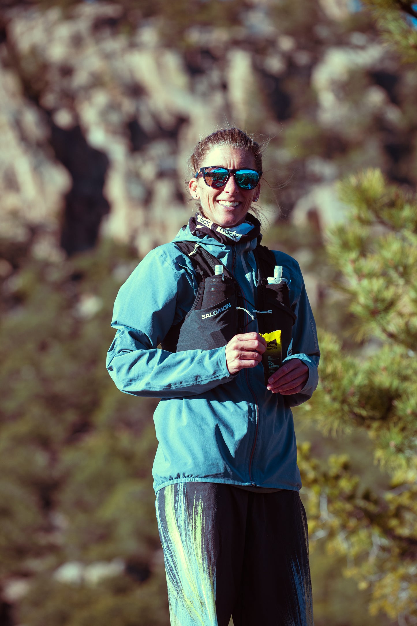 Courtney Dauwalter with a Näak Boost  gel packet available at Fuel Kit